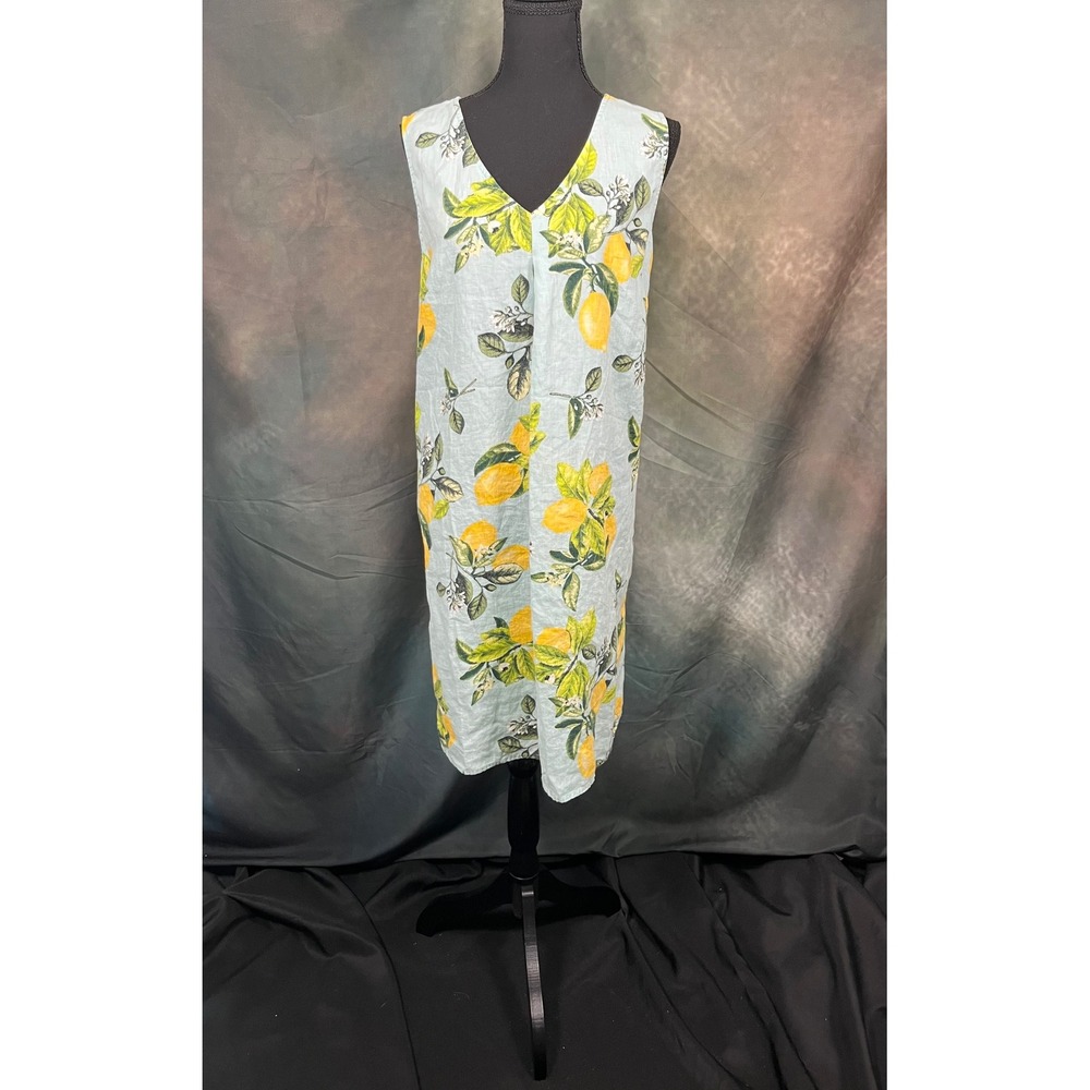 J. Jill Love Linen Lemon Print V-Neck Sleeveless Shift Dress XL Light Blue